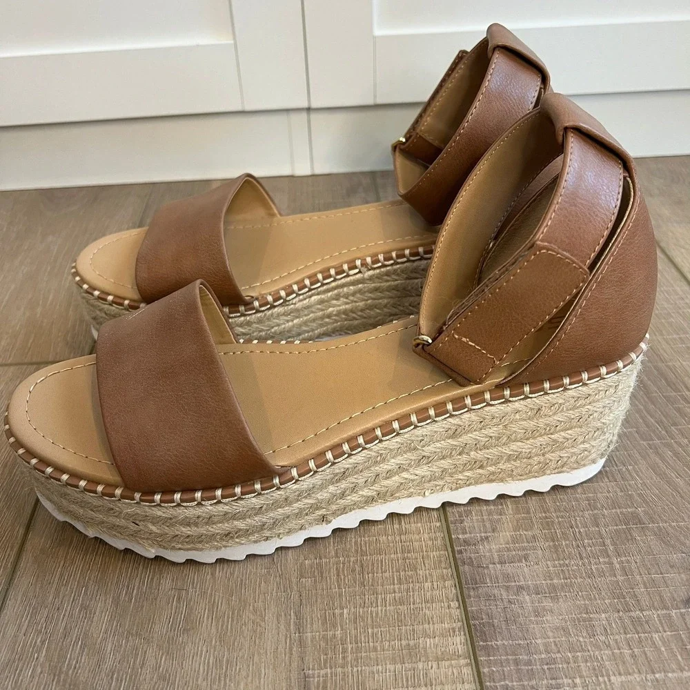 Soda Platform Wedge Sandals Cognac Brown Espadrille Ankle Strap Size 9 - Picture 5 of 9
